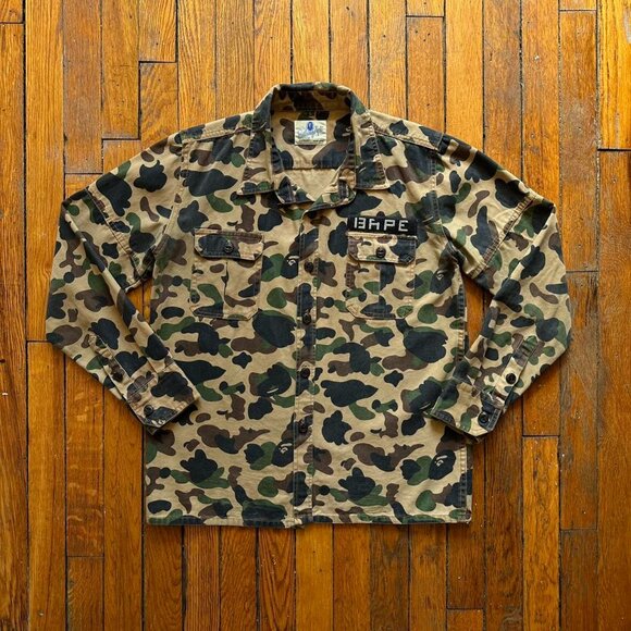 B.A.P.E. Bathing Ape Busy Works Made in Japan Bubble Military Camo Women Shirt L - Picture 1 of 8